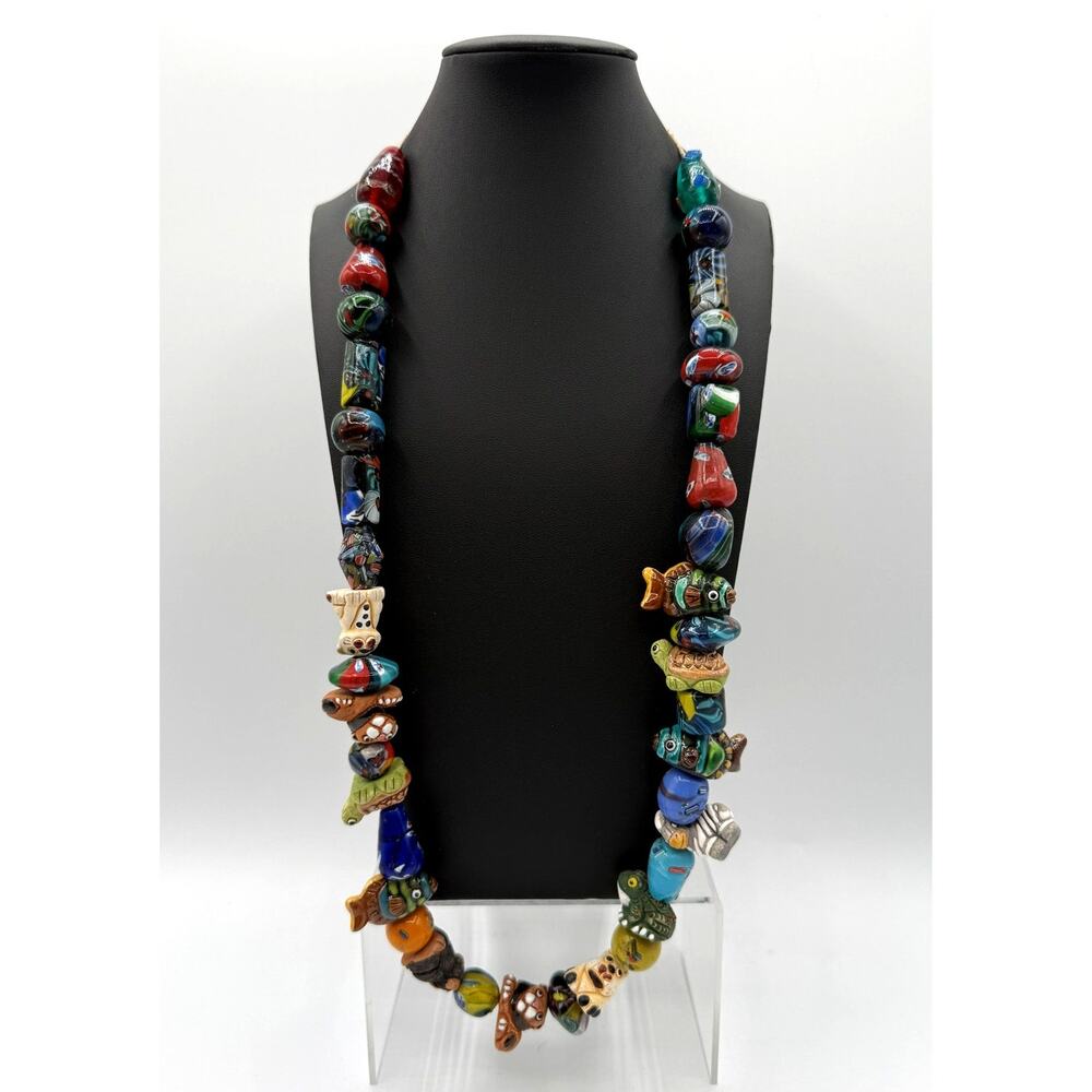 Vintage Venetian Style Lampwork Glass Beads & Clay Animal Beaded Chord Necklace